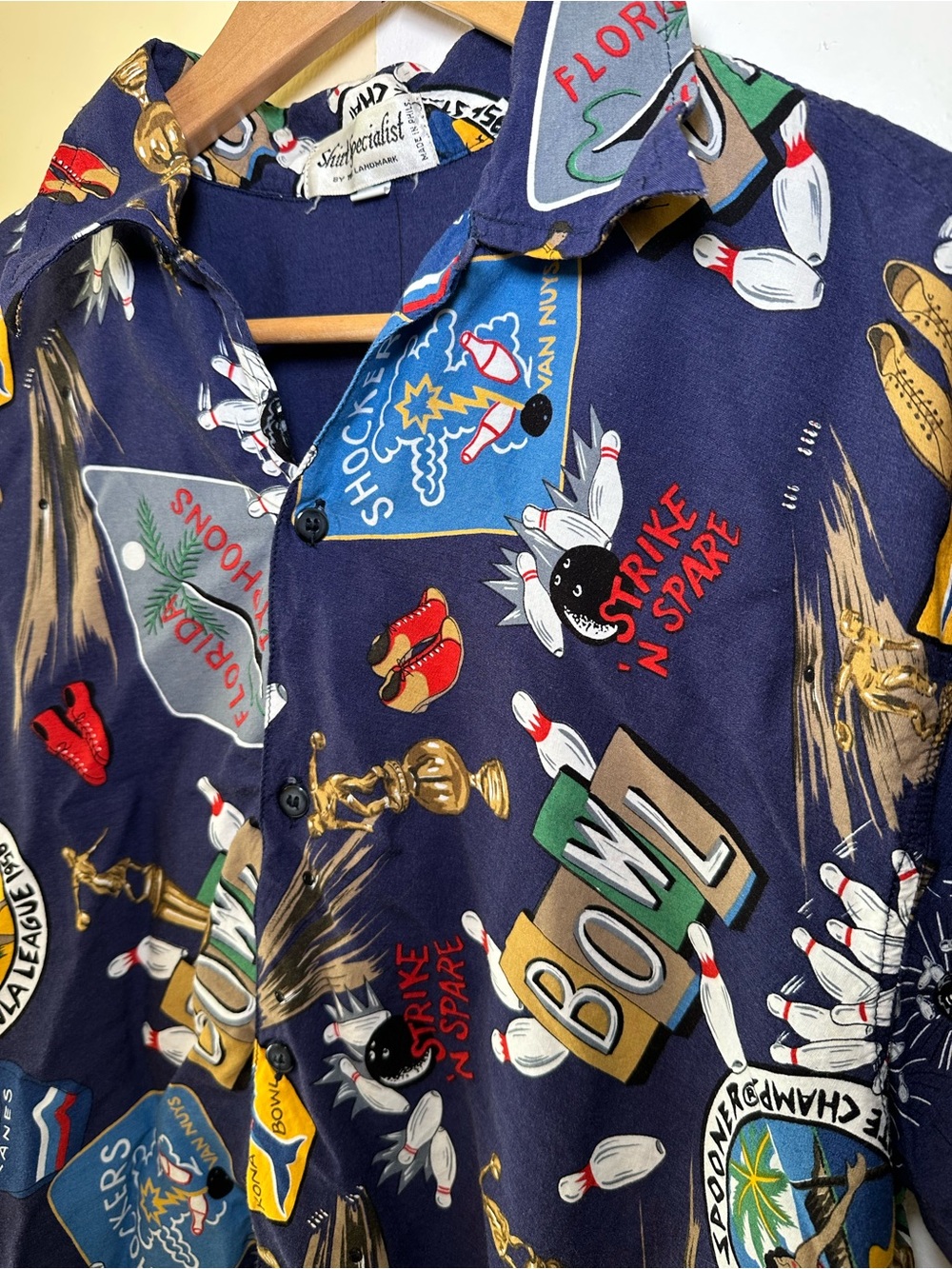 Vintage-Style Men’s Bowling Print Shirt - Navy Men’s Size Medium